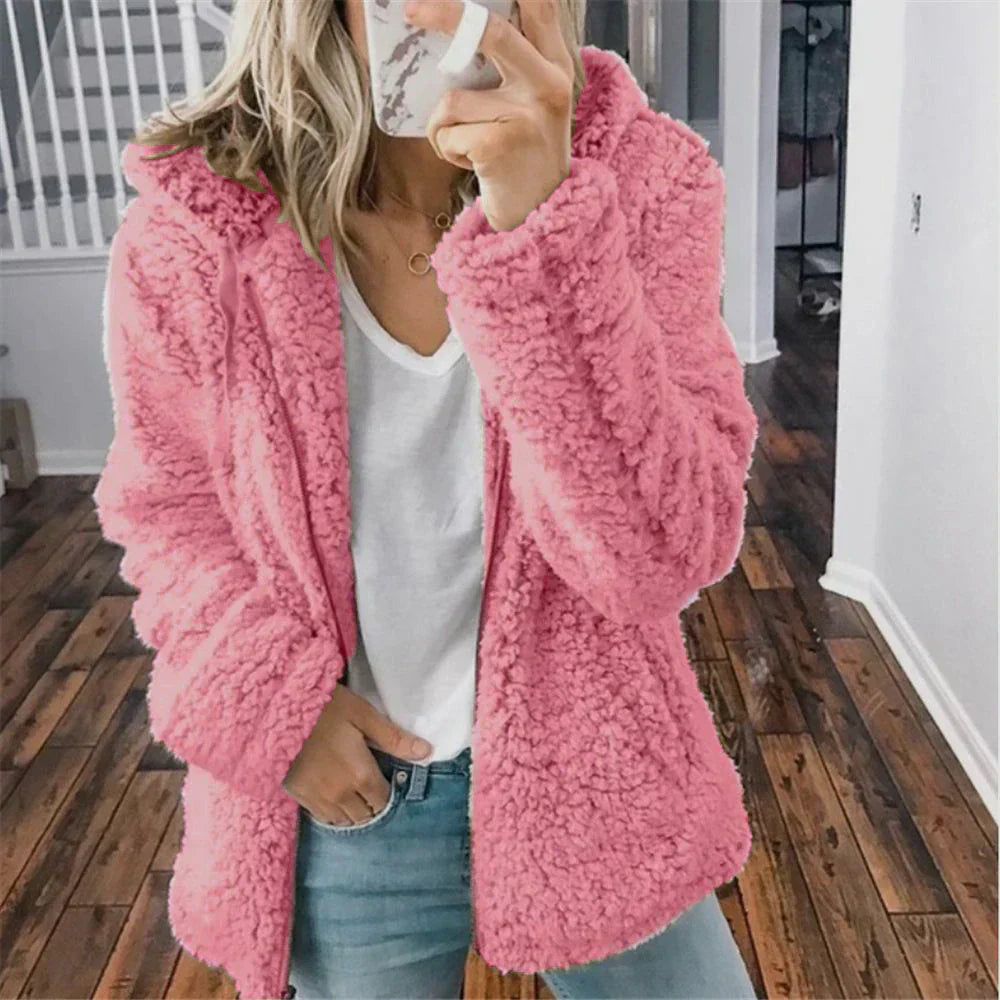 Casual fluffy women's jacket with hood - Mimi