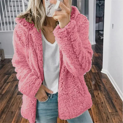 Casual fluffy women's jacket with hood - Mimi