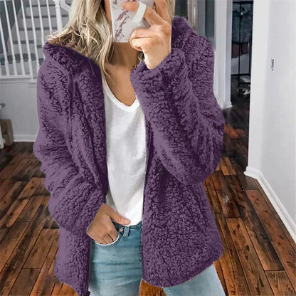 Casual fluffy women's jacket with hood - Mimi