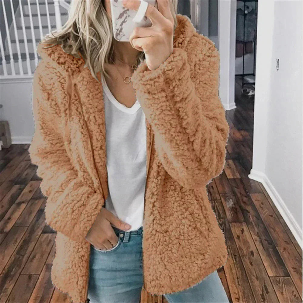 Casual fluffy women's jacket with hood - Mimi