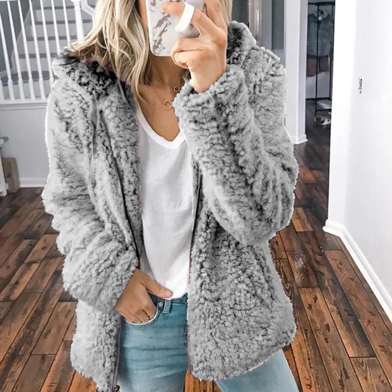 Casual fluffy women's jacket with hood - Mimi
