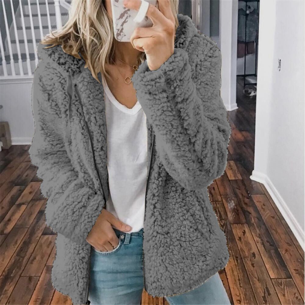 Casual fluffy women's jacket with hood - Mimi