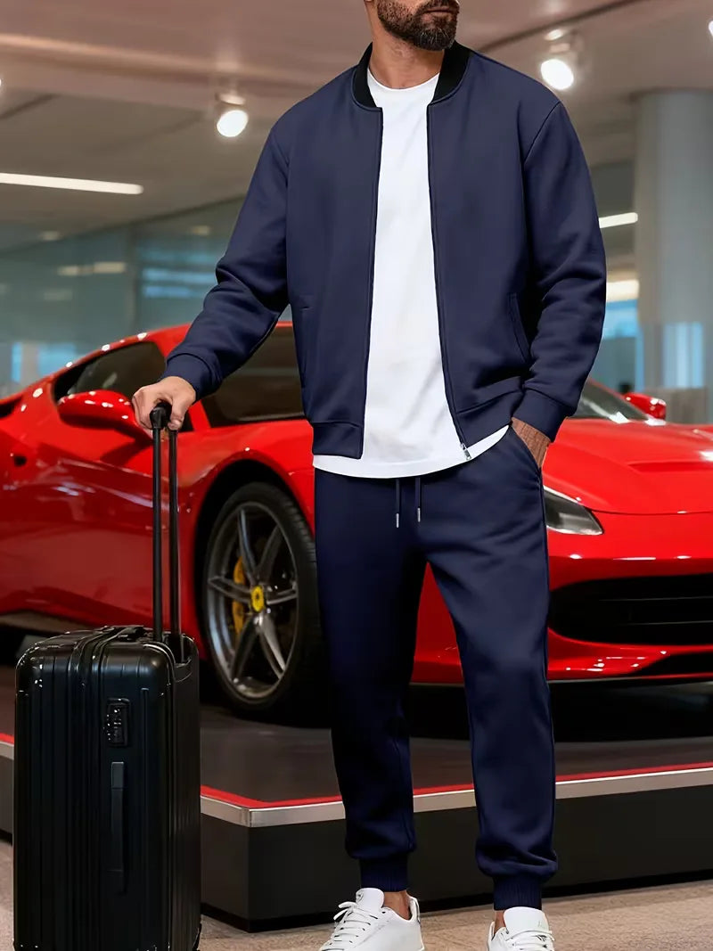 Casual men's set - zip jacket with round neck and trousers