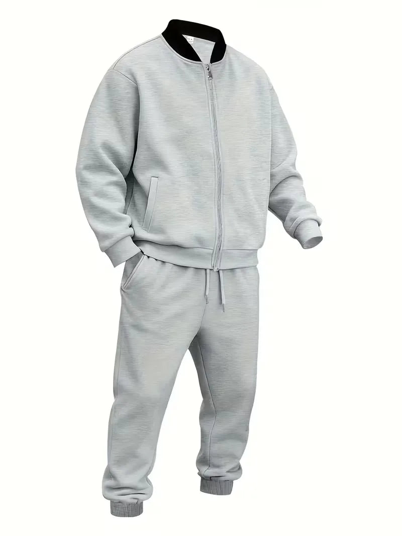 Casual men's set - zip jacket with round neck and trousers