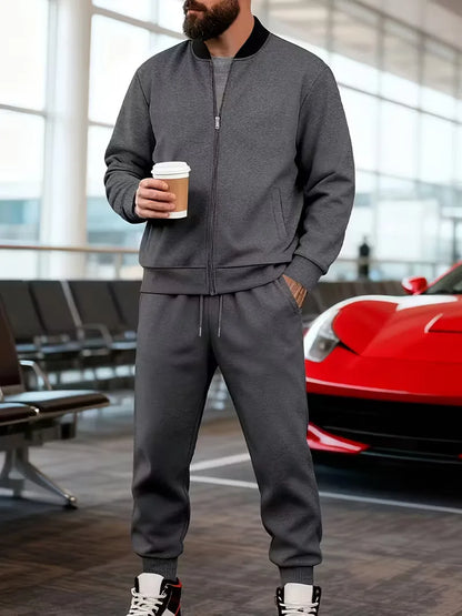 Casual men's set - zip jacket with round neck and trousers