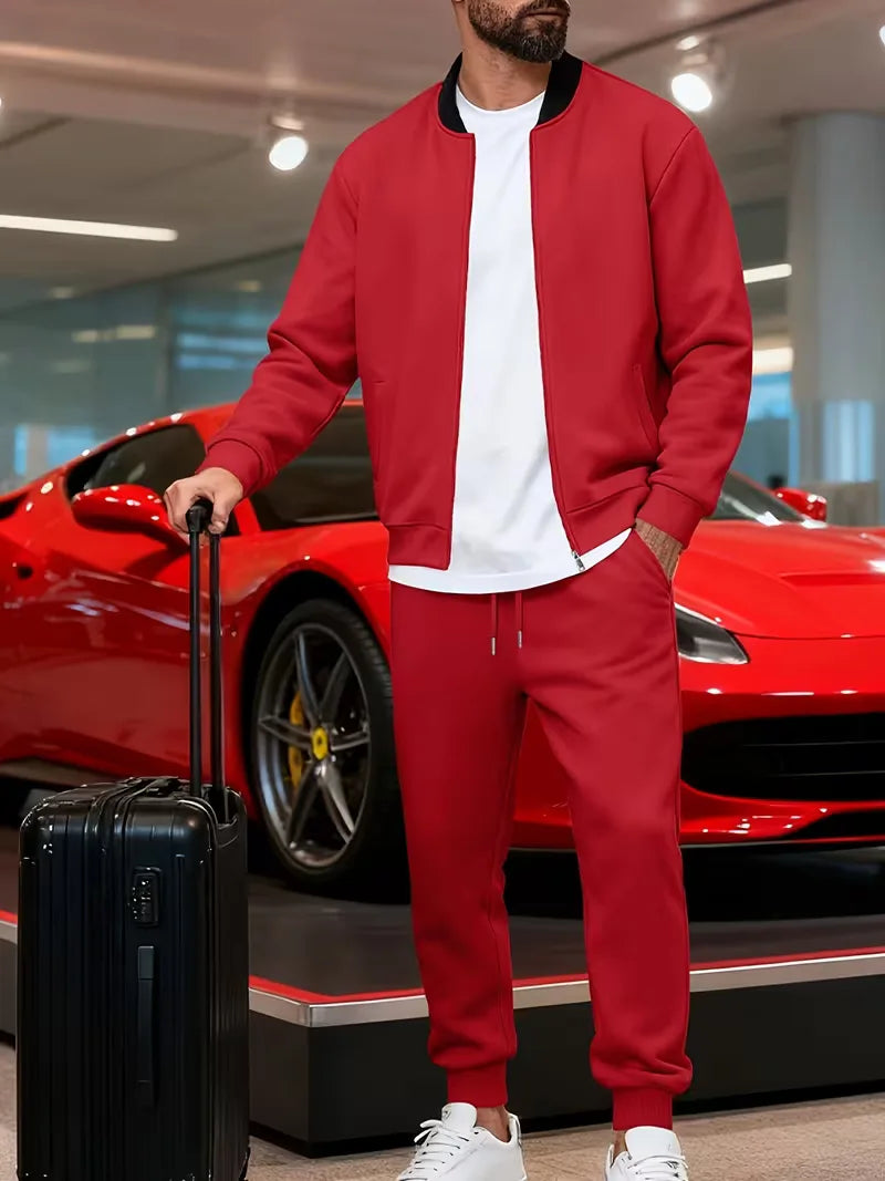 Casual men's set - zip jacket with round neck and trousers