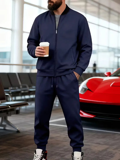 Casual men's set - zip jacket with round neck and trousers