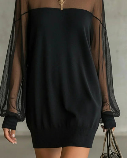 Casual patchwork dress with lantern sleeves