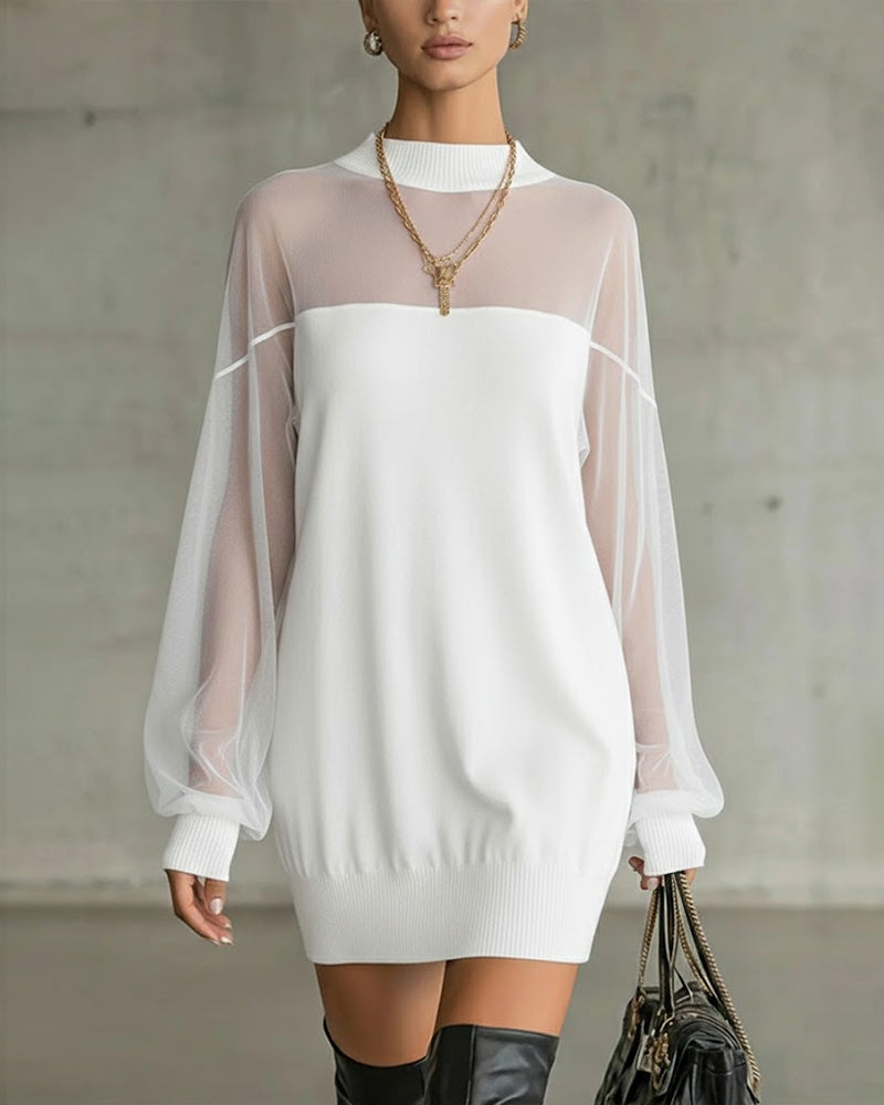 Casual patchwork dress with lantern sleeves