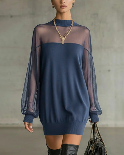 Casual patchwork dress with lantern sleeves