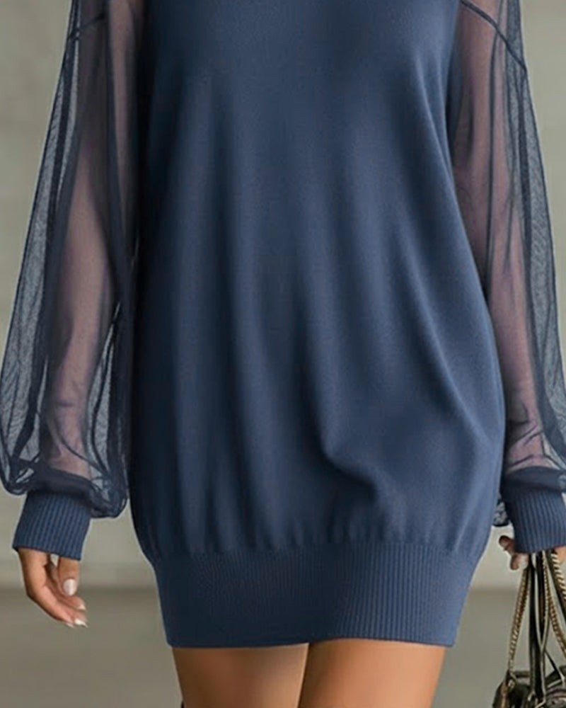 Casual patchwork dress with lantern sleeves