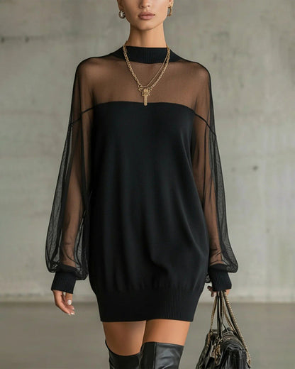 Casual patchwork dress with lantern sleeves