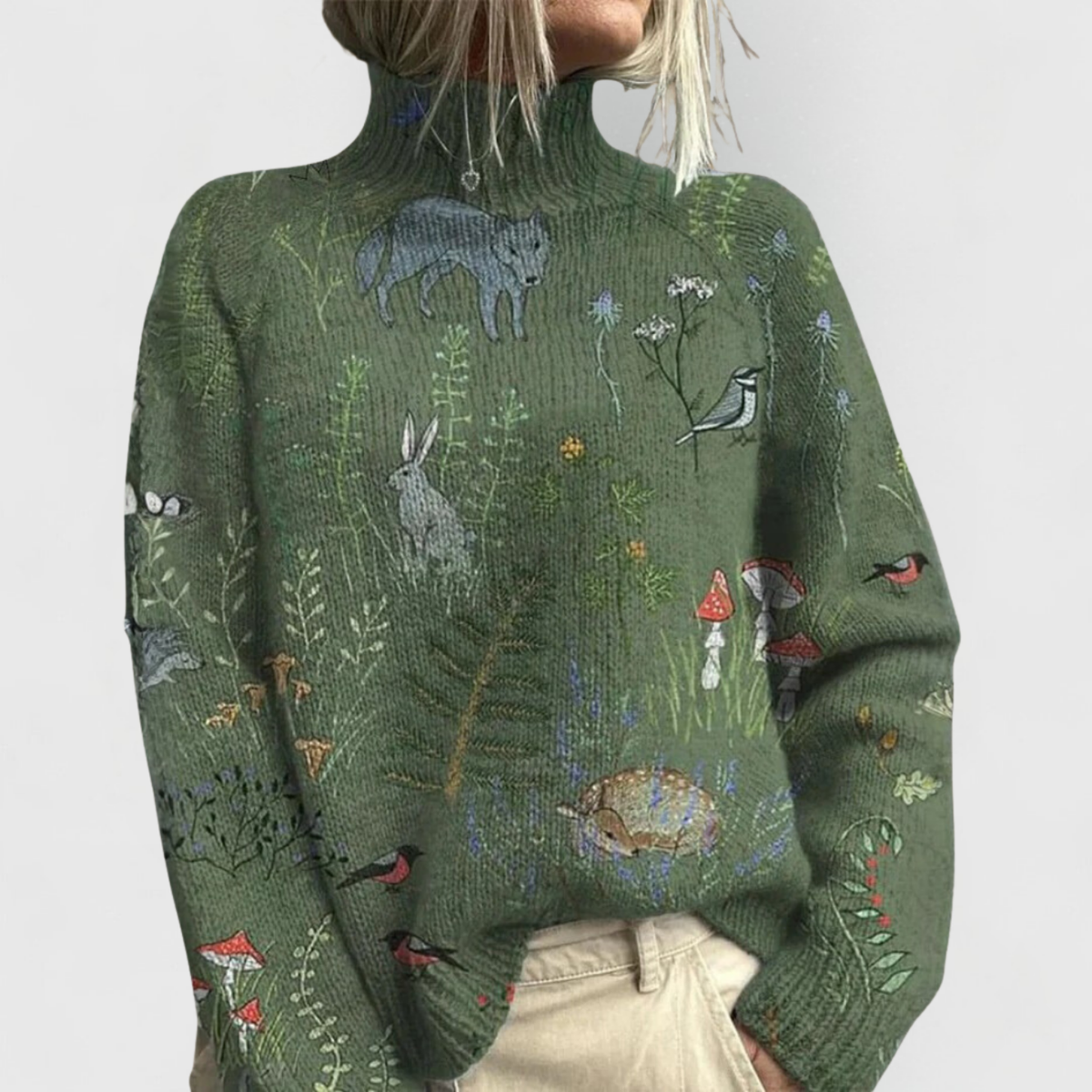 Ladies' Turtleneck Sweater with Nature Print of Forest Animals and Flowers