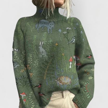 Ladies' Turtleneck Sweater with Nature Print of Forest Animals and Flowers
