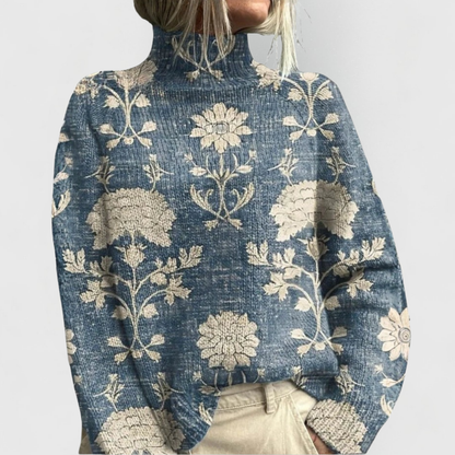 Ladies' Turtleneck Sweater with Nature Print of Forest Animals and Flowers