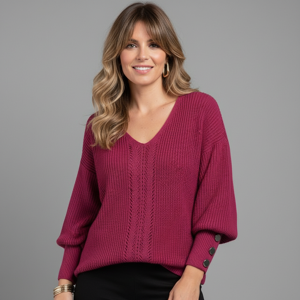 Blouse douce en maille à manches longues et col en V avec boutons, pour femme