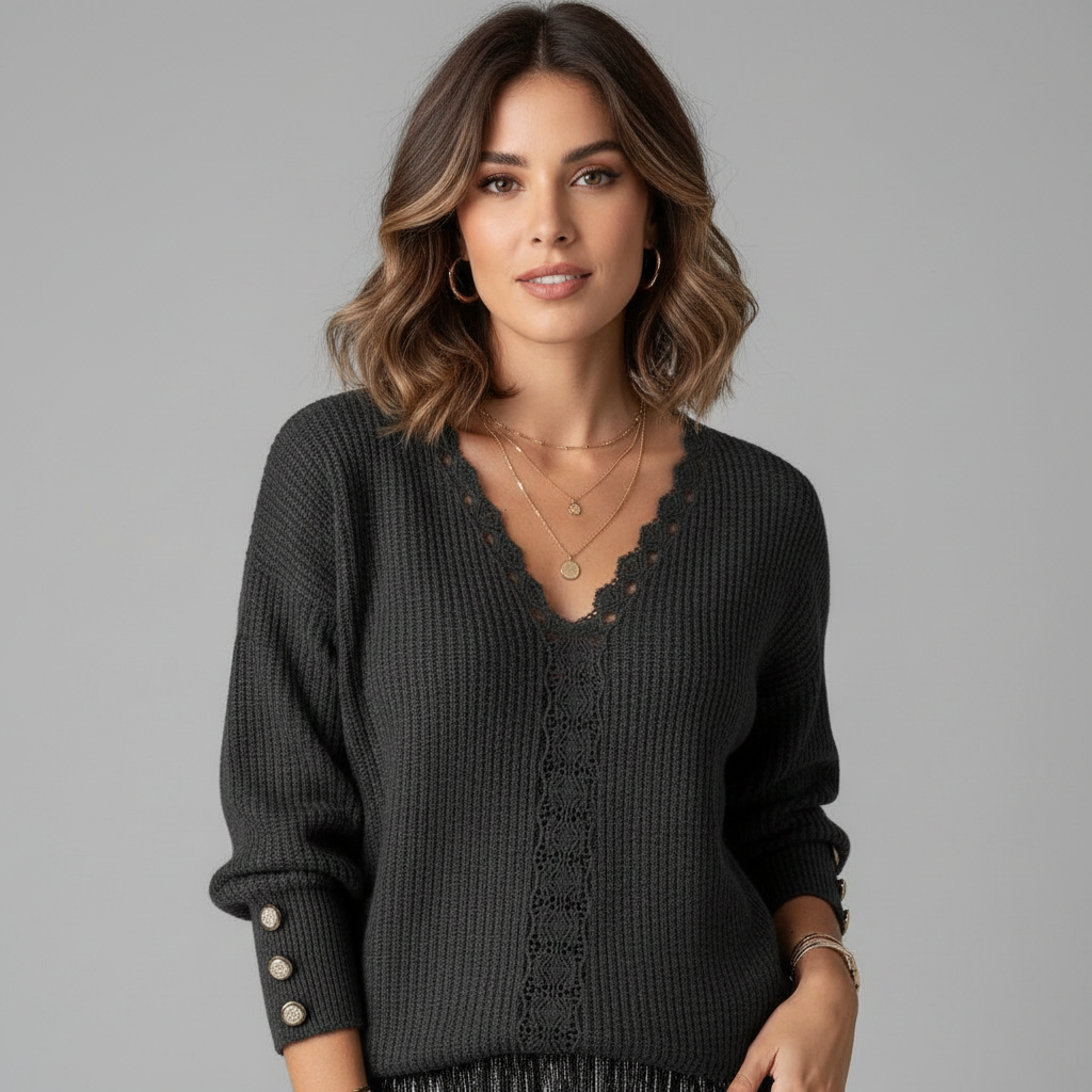 Blouse douce en maille à manches longues et col en V avec boutons, pour femme
