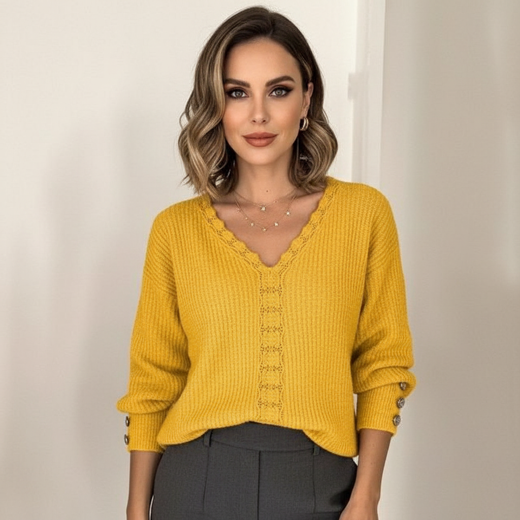 Blouse douce en maille à manches longues et col en V avec boutons, pour femme