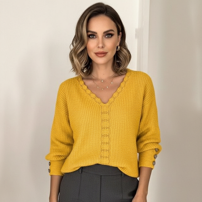 Blouse douce en maille à manches longues et col en V avec boutons, pour femme