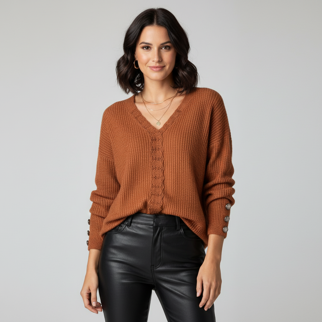 Blouse douce en maille à manches longues et col en V avec boutons, pour femme