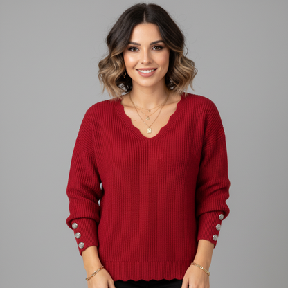 Blouse douce en maille à manches longues et col en V avec boutons, pour femme