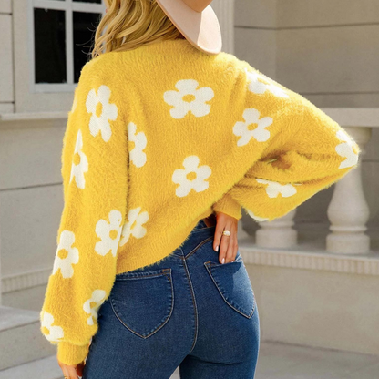 Charming Cozy Women's Sweater with Flowers and Fancy Sleeves