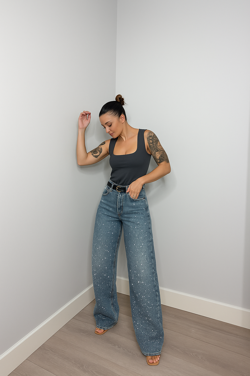 High Waist Glitter Wide Leg Jeans for Women