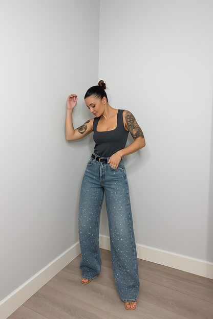 High Waist Glitter Wide Leg Jeans for Women