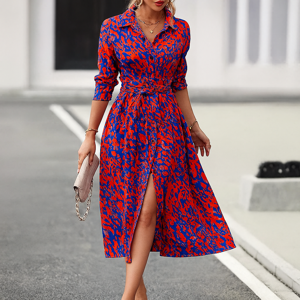 Printed A-line Shirt Dress with Split