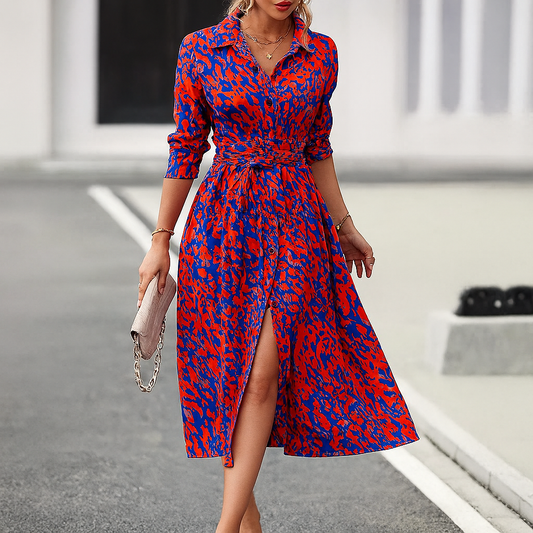 Vestido camisa línea A estampado con abertura