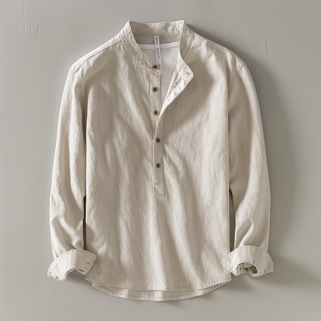 Camisa para homem com gola mandarim e mistura de algodão e linho – Leve, confortável e intemporal