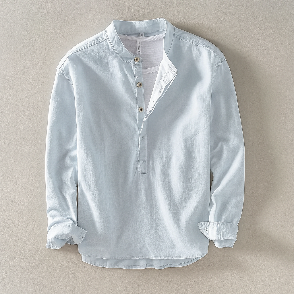 Camisa para homem com gola mandarim e mistura de algodão e linho – Leve, confortável e intemporal