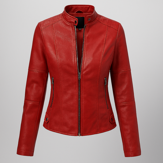Chaqueta de motociclista de cuero rojo a medida para mujer