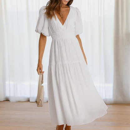 V-neck midi dress for women with elastic waist