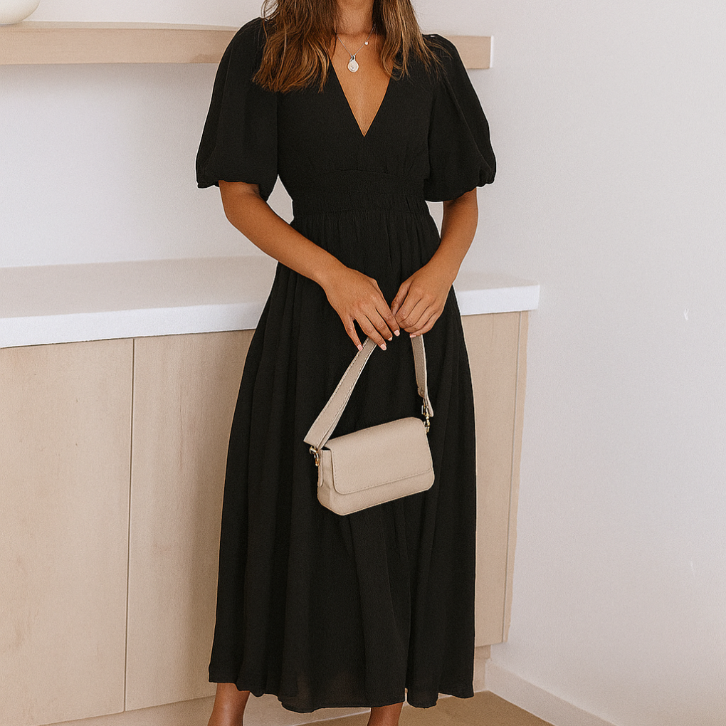 V-neck midi dress for women with elastic waist