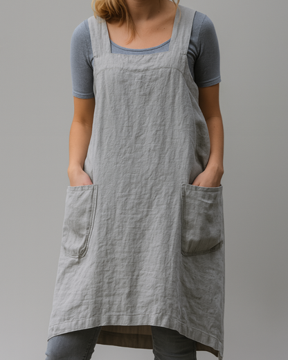 Women's Cotton and Linen Apron Style Dress with Pockets