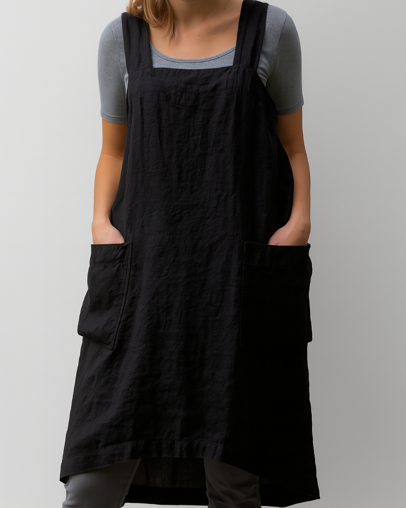 Women's Cotton and Linen Apron Style Dress with Pockets