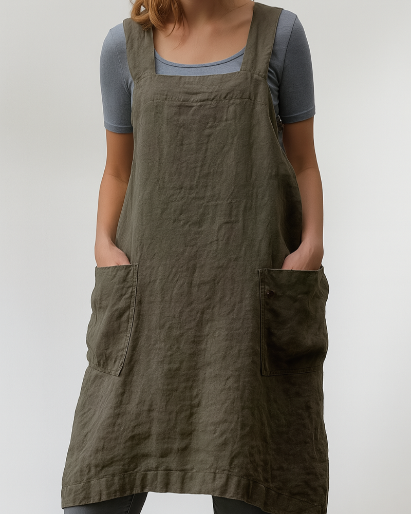 Women's Cotton and Linen Apron Style Dress with Pockets