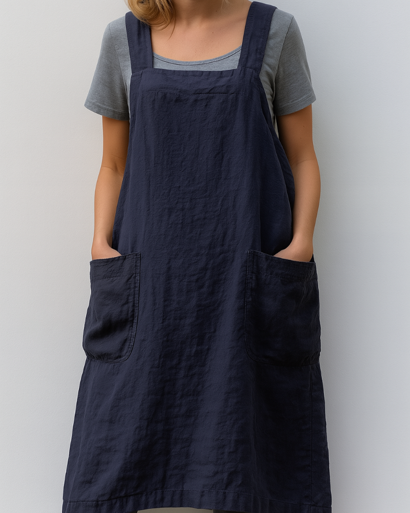 Women's Cotton and Linen Apron Style Dress with Pockets