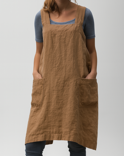 Women's Cotton and Linen Apron Style Dress with Pockets