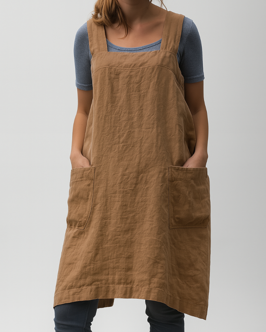 Vestido estilo delantal para mujer de algodón y lino con bolsillos