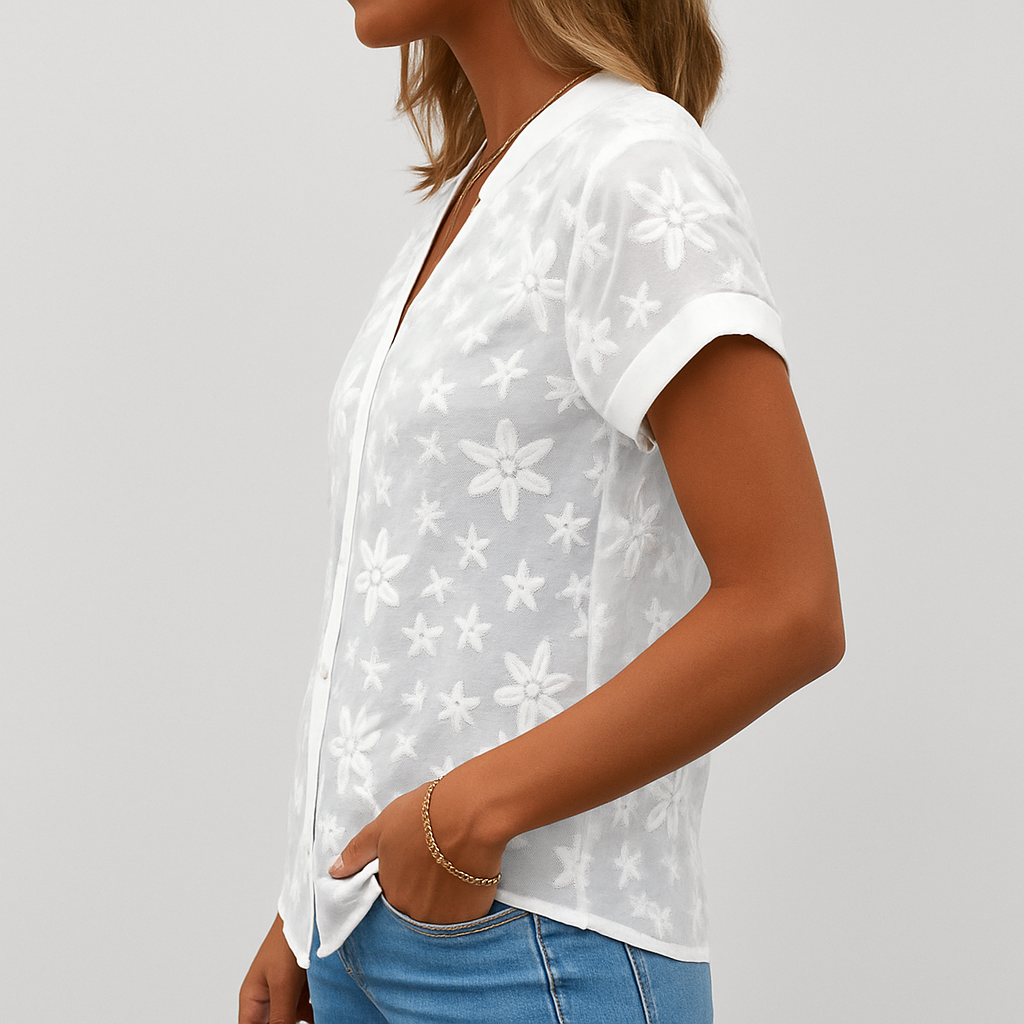 Summer Ladies' Blouse with Short Sleeves and Floral Print
