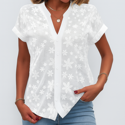 Summer Ladies' Blouse with Short Sleeves and Floral Print