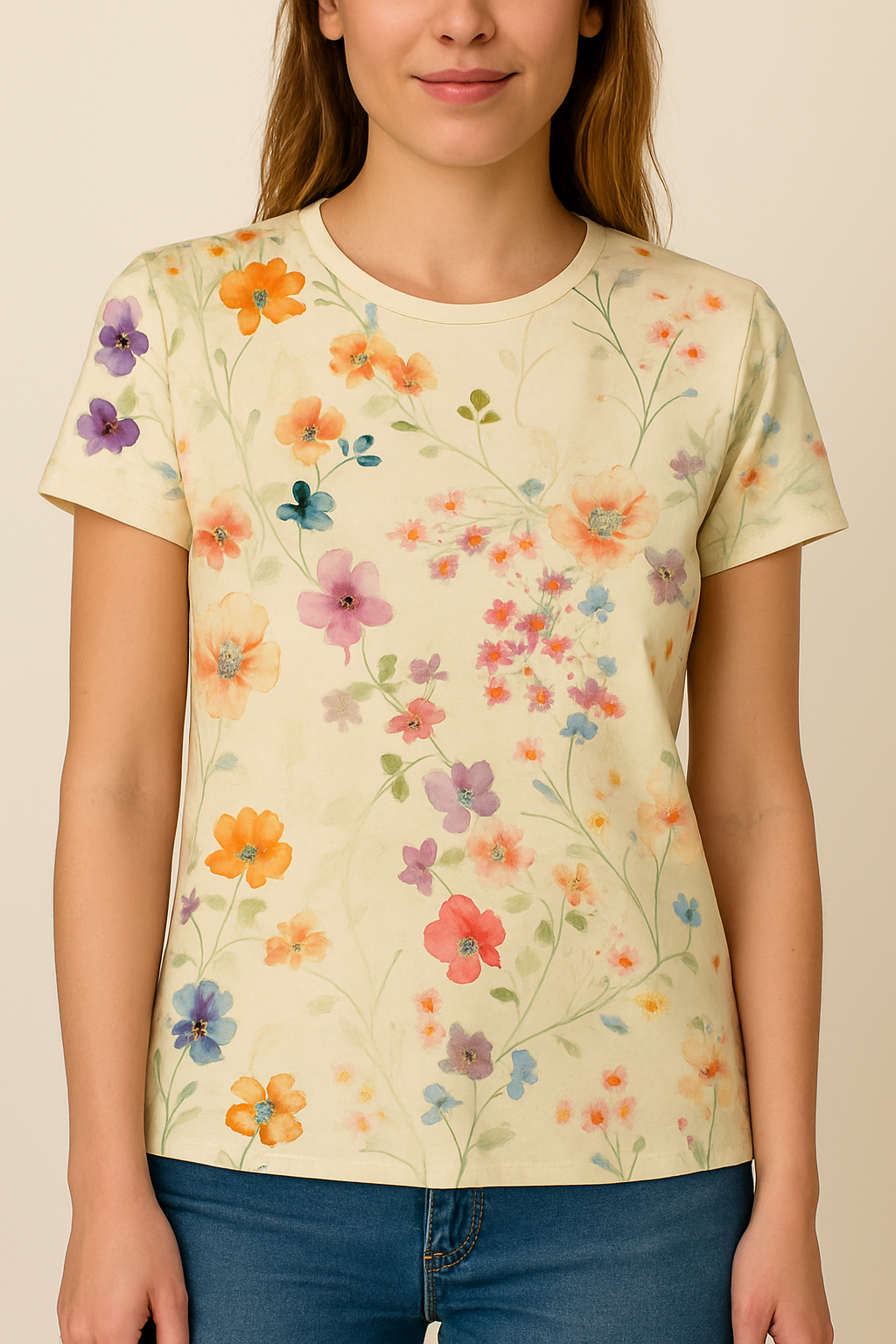 Ladies' T-shirt with Floral Pattern and Comfortable Stretch for Daily Wear