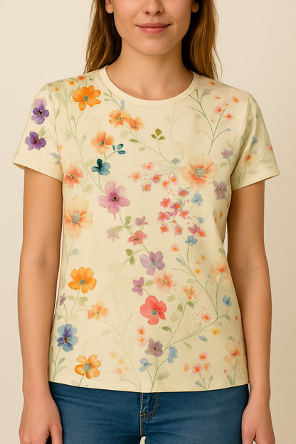 Ladies' T-shirt with Floral Pattern and Comfortable Stretch for Daily Wear
