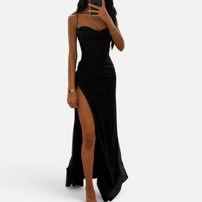 Ladies Sparkling Glitter Maxi Dress with Split and Straps