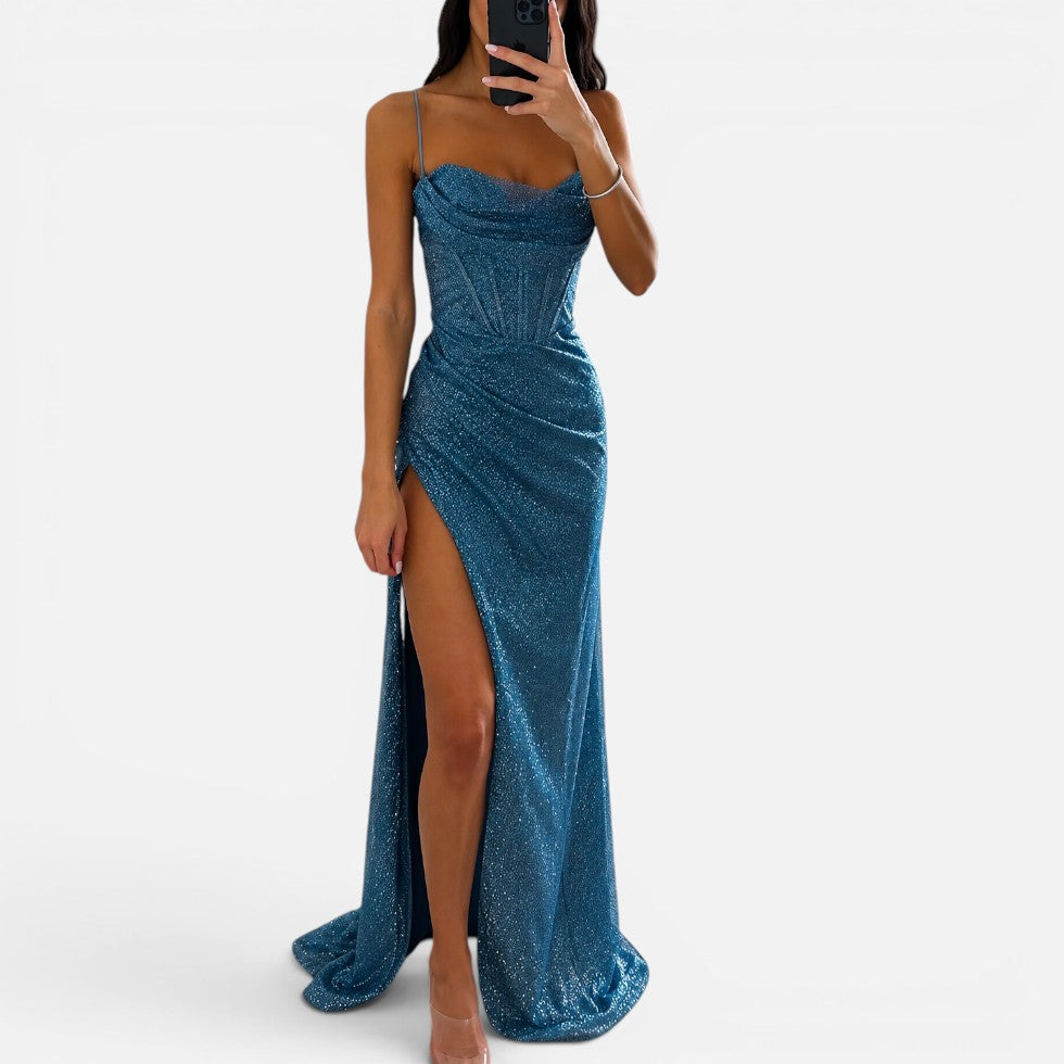 Ladies Sparkling Glitter Maxi Dress with Split and Straps