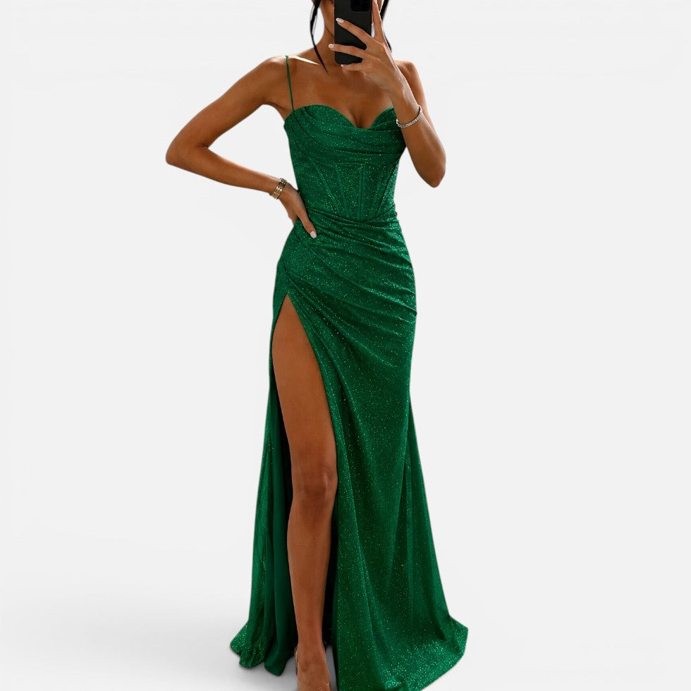 Ladies Sparkling Glitter Maxi Dress with Split and Straps