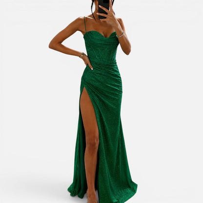 Ladies Sparkling Glitter Maxi Dress with Split and Straps