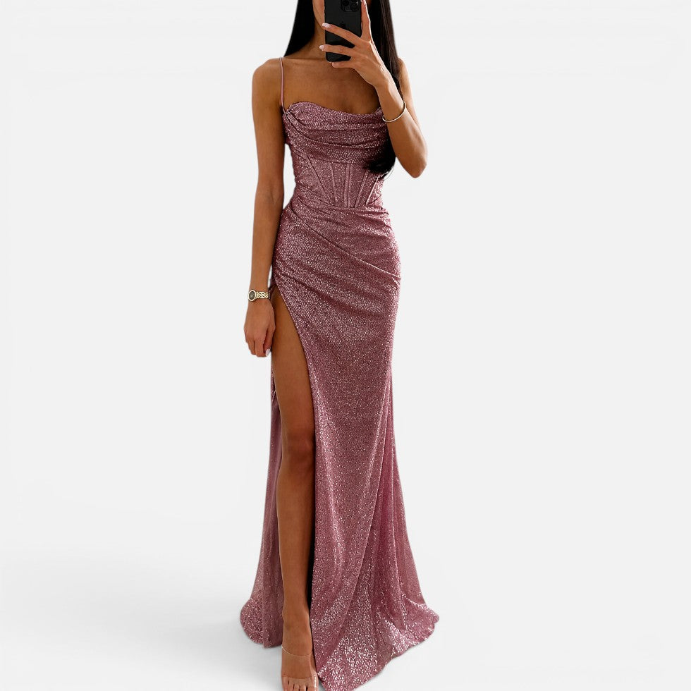 Ladies Sparkling Glitter Maxi Dress with Split and Straps